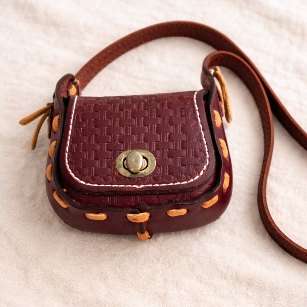 Vintage Handmade Tooled Leather Mini Saddle Bag Boho Western Brown
